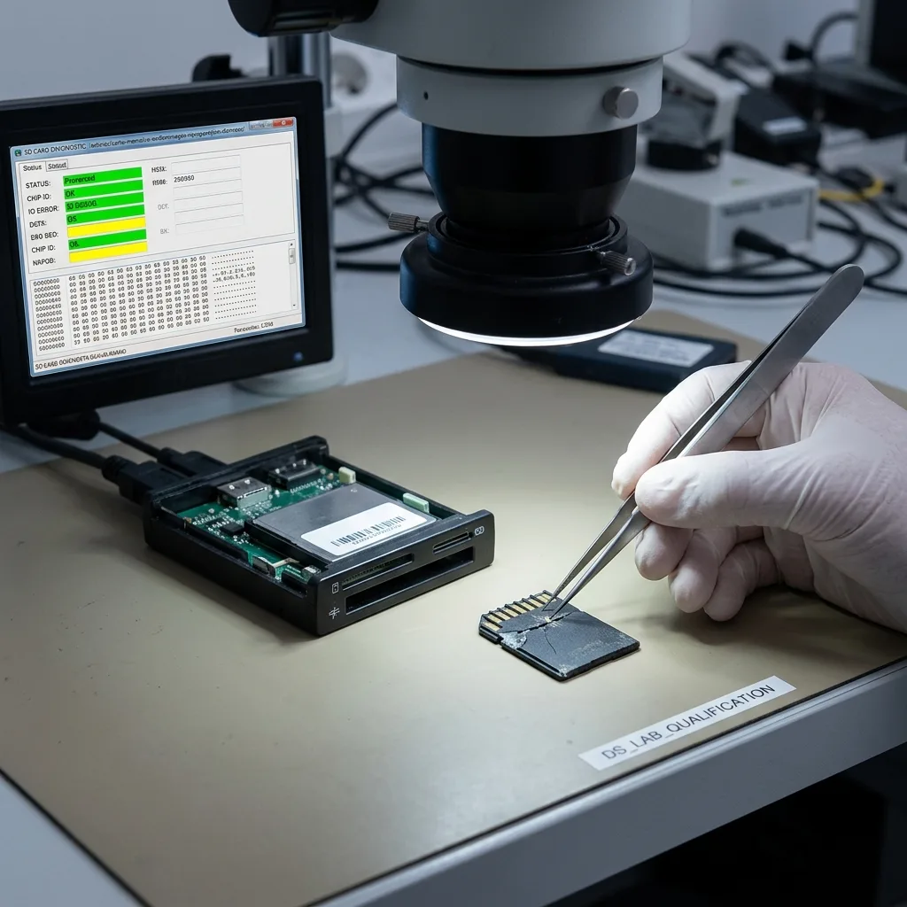 Carte mémoire endommagée inspectée avant récupération de données