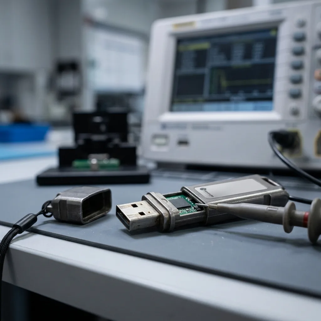 Clé USB industrielle inspectée pour comprendre résistance et limites de récupération de données