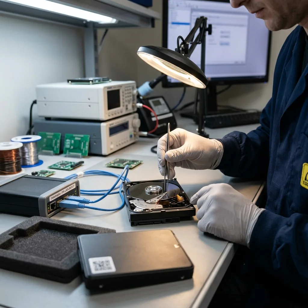 Disque dur portable préparé pour transport sécurisé avant diagnostic de récupération de données