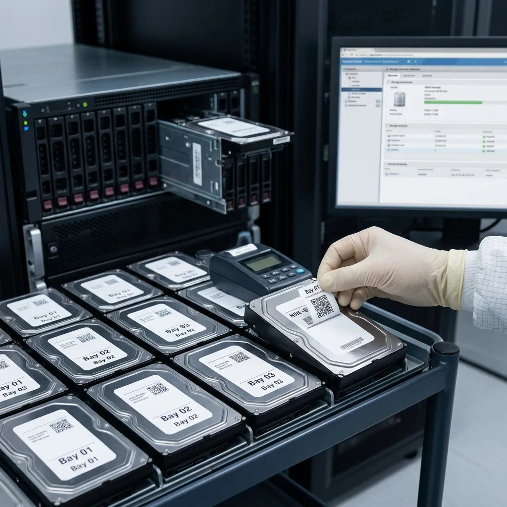Baie serveur de datacenter avec disques durs à préserver avant récupération