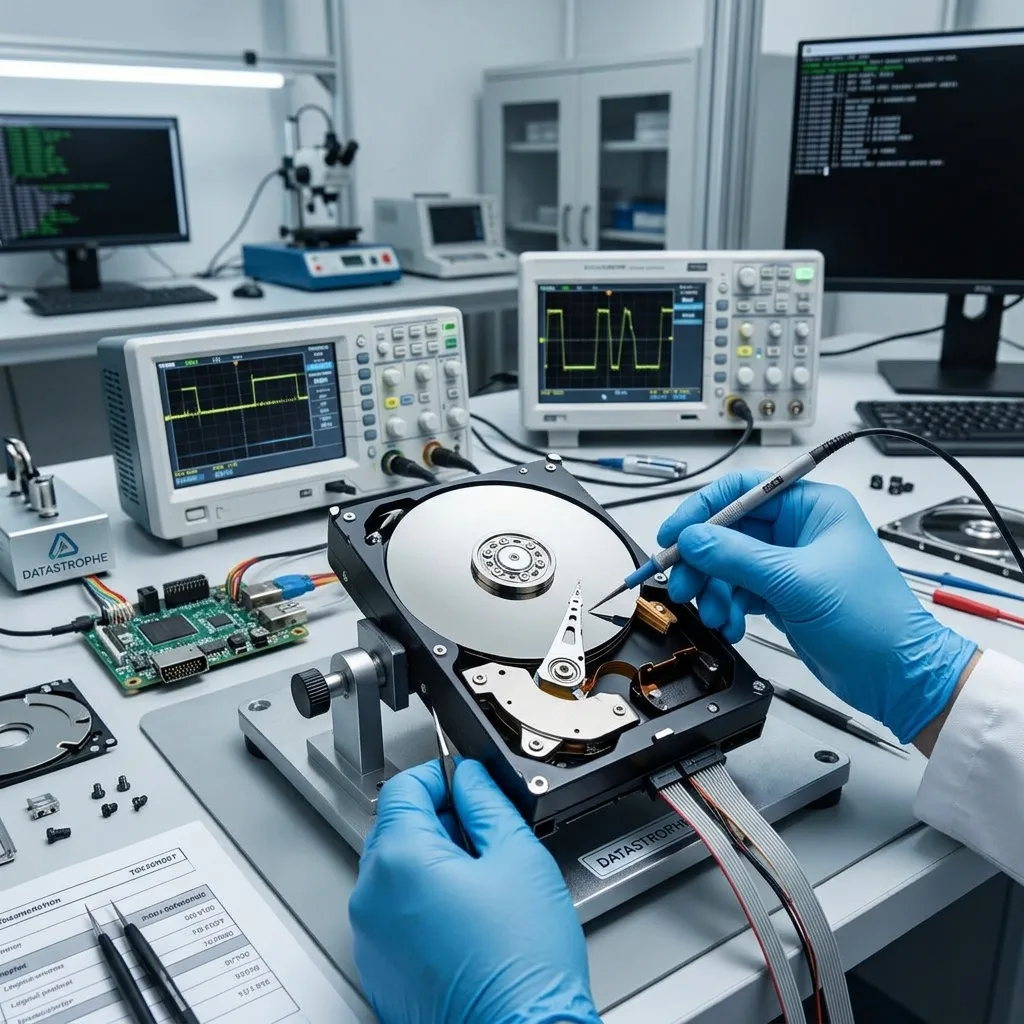 Disque dur technique examiné après panne dans un équipement industriel