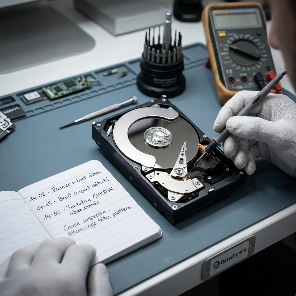 Chronologie d'incident préparée avant un diagnostic de récupération de données