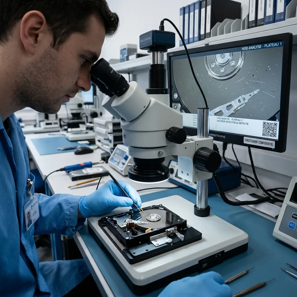 Technicien analysant un support de stockage avant récupération de données