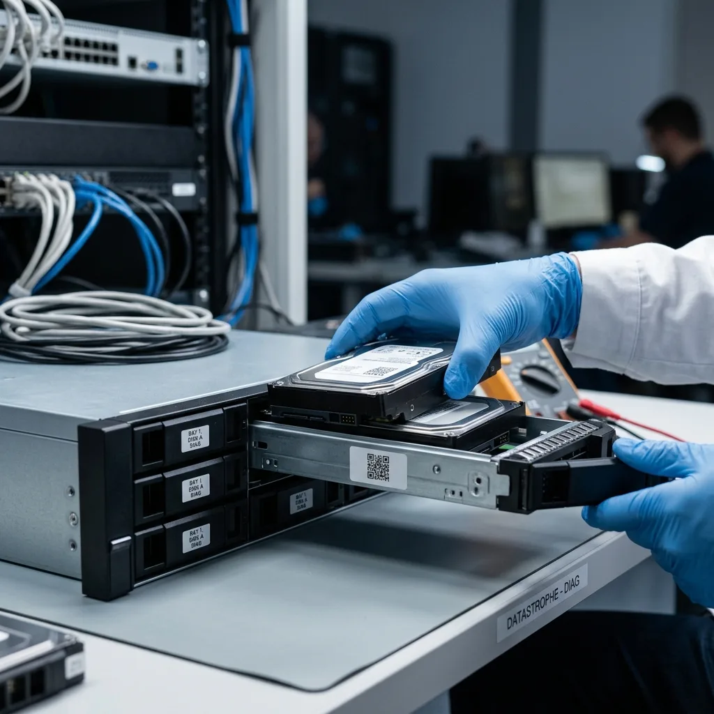 Salle serveur en diagnostic après panne informatique d'entreprise avec données à préserver