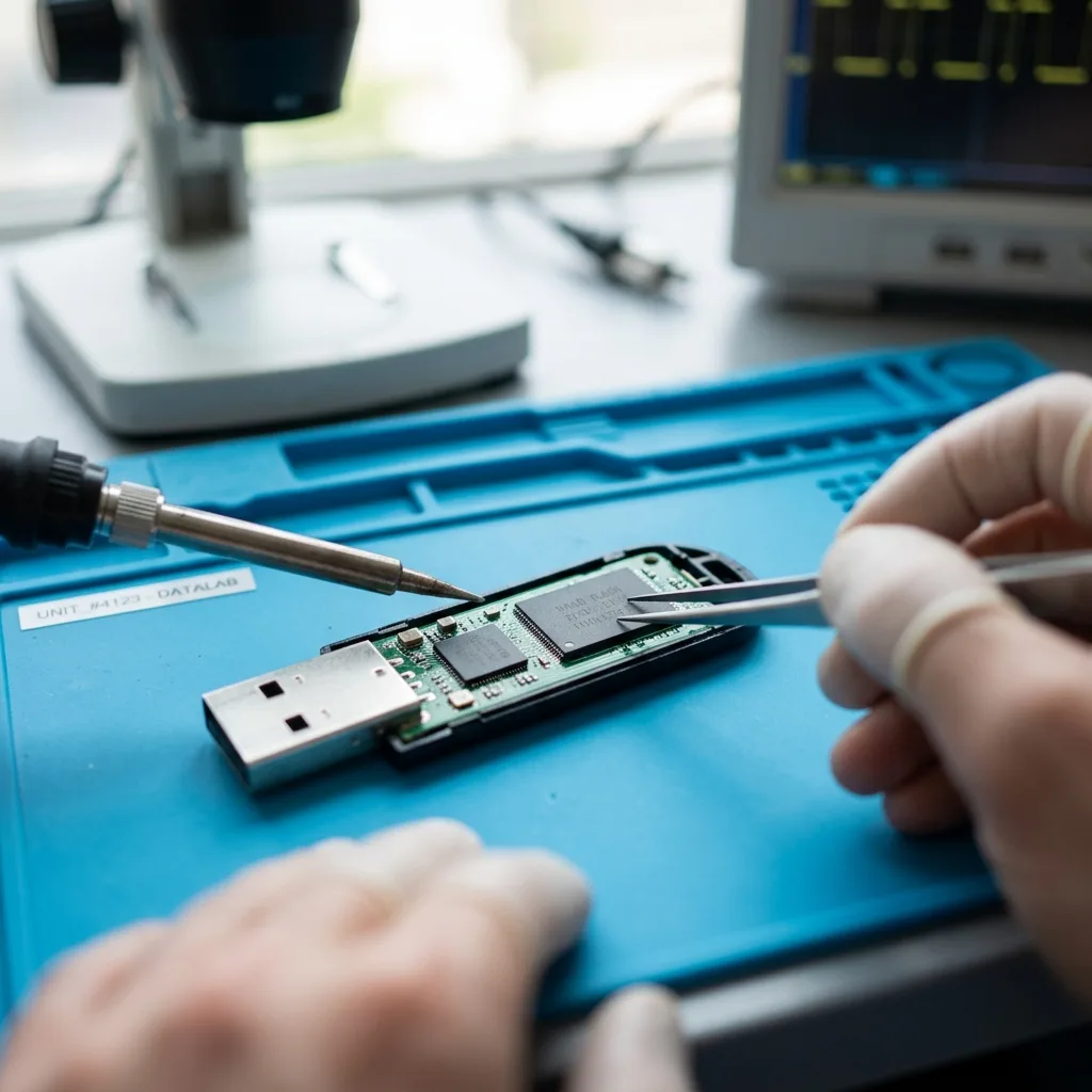 Clé USB ouverte pour inspection technique avant récupération de données délicate