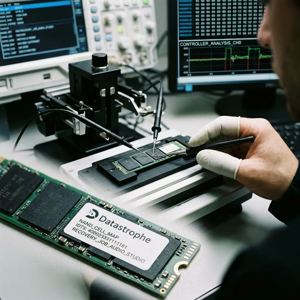 SSD de studio d'enregistrement préparé pour diagnostic après perte de sessions audio