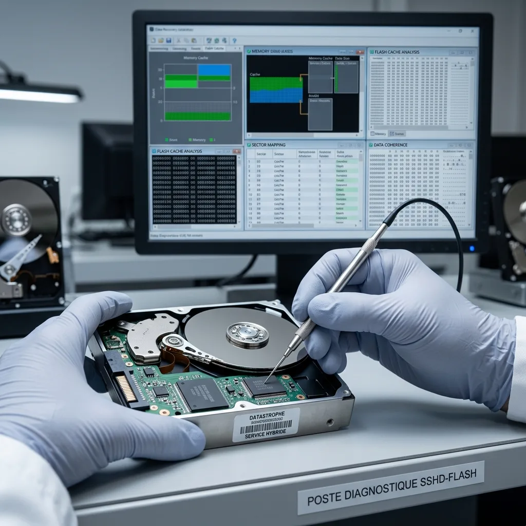 Support hybride avec disque et cache flash analysé pour récupération de données