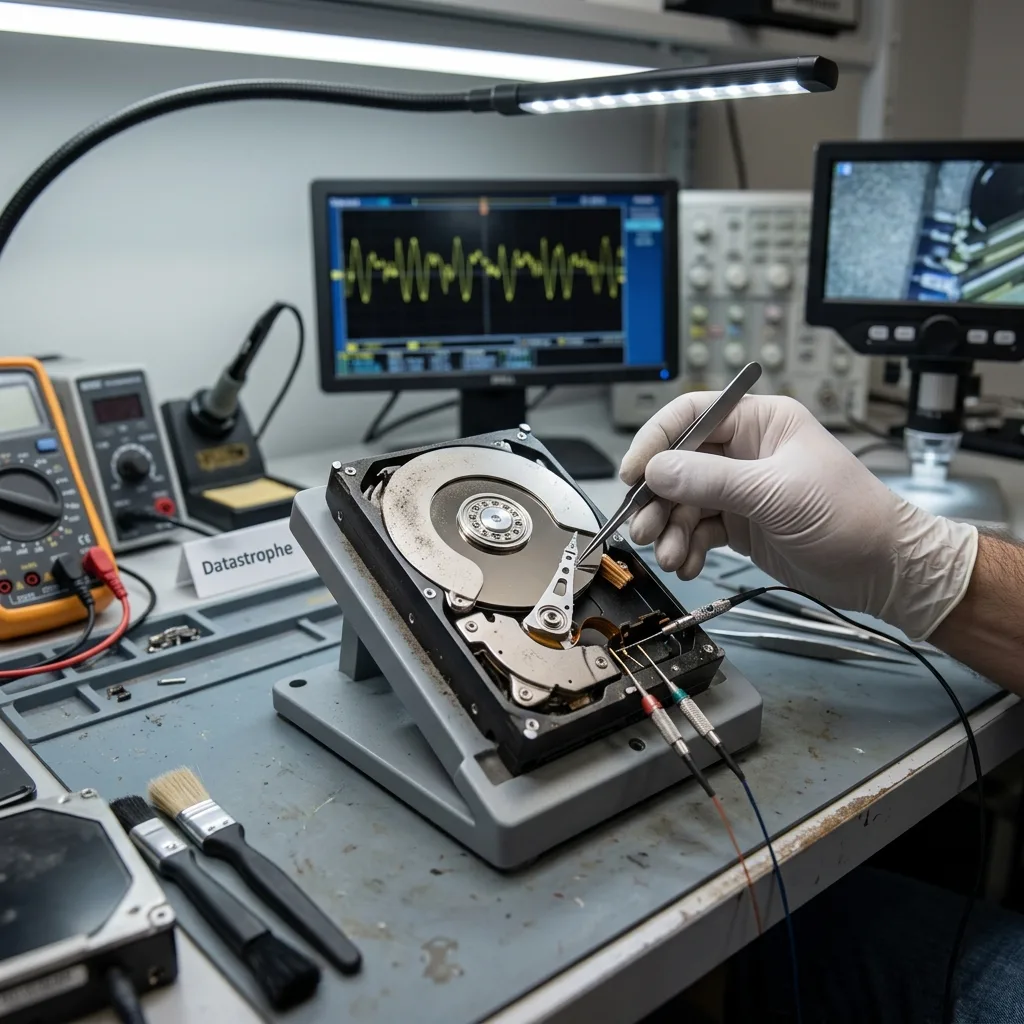 Ancien disque dur inspecté avant récupération de données et migration d'archives