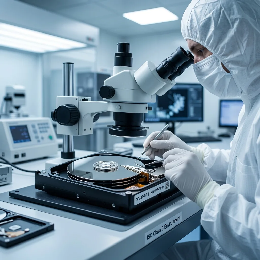 Têtes de lecture et plateaux de disque dur inspectés en laboratoire salle blanche