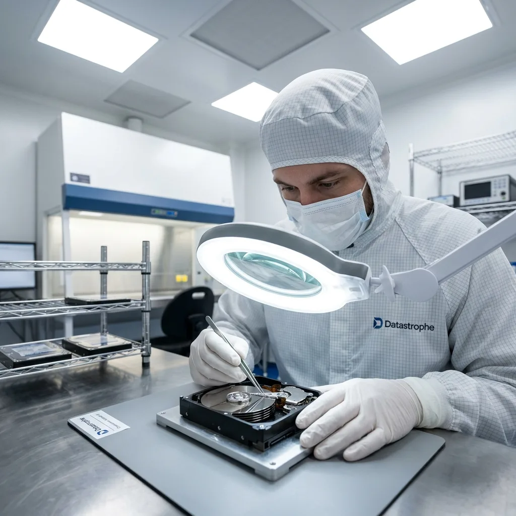 Technicien Datastrophe travaillant en salle blanche ISO 5 sur disque dur ouvert