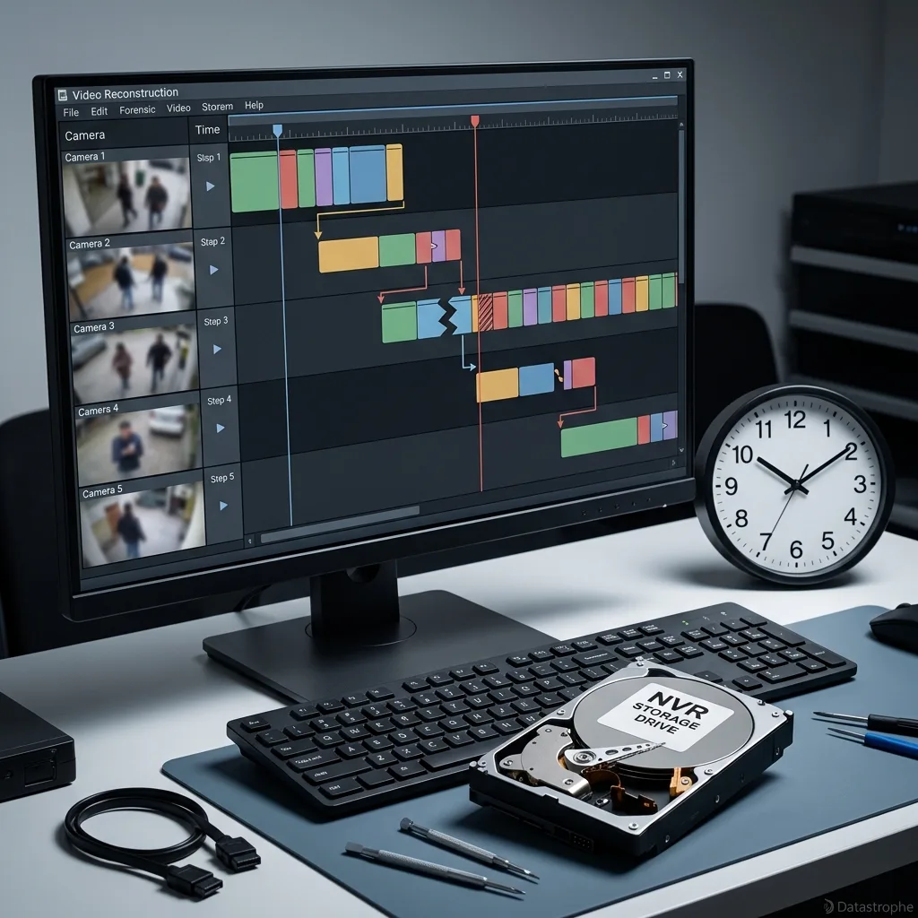 Index vidéo de vidéosurveillance corrompu avec fragments de caméra et timeline à reconstruire