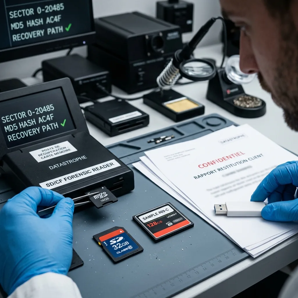 Confidentialité et restitution exploitable pour Récupération de données sur carte mémoire