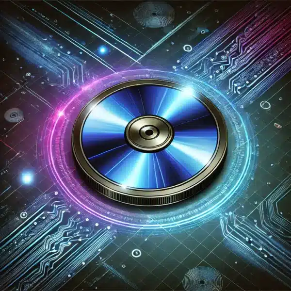 DALL·E 2025-02-13 15.55.38 – A futuristic illustration of a virtual disk, glowing with neon blue and purple lights. The disk appears to be floating in a digital cyberspace, surrou