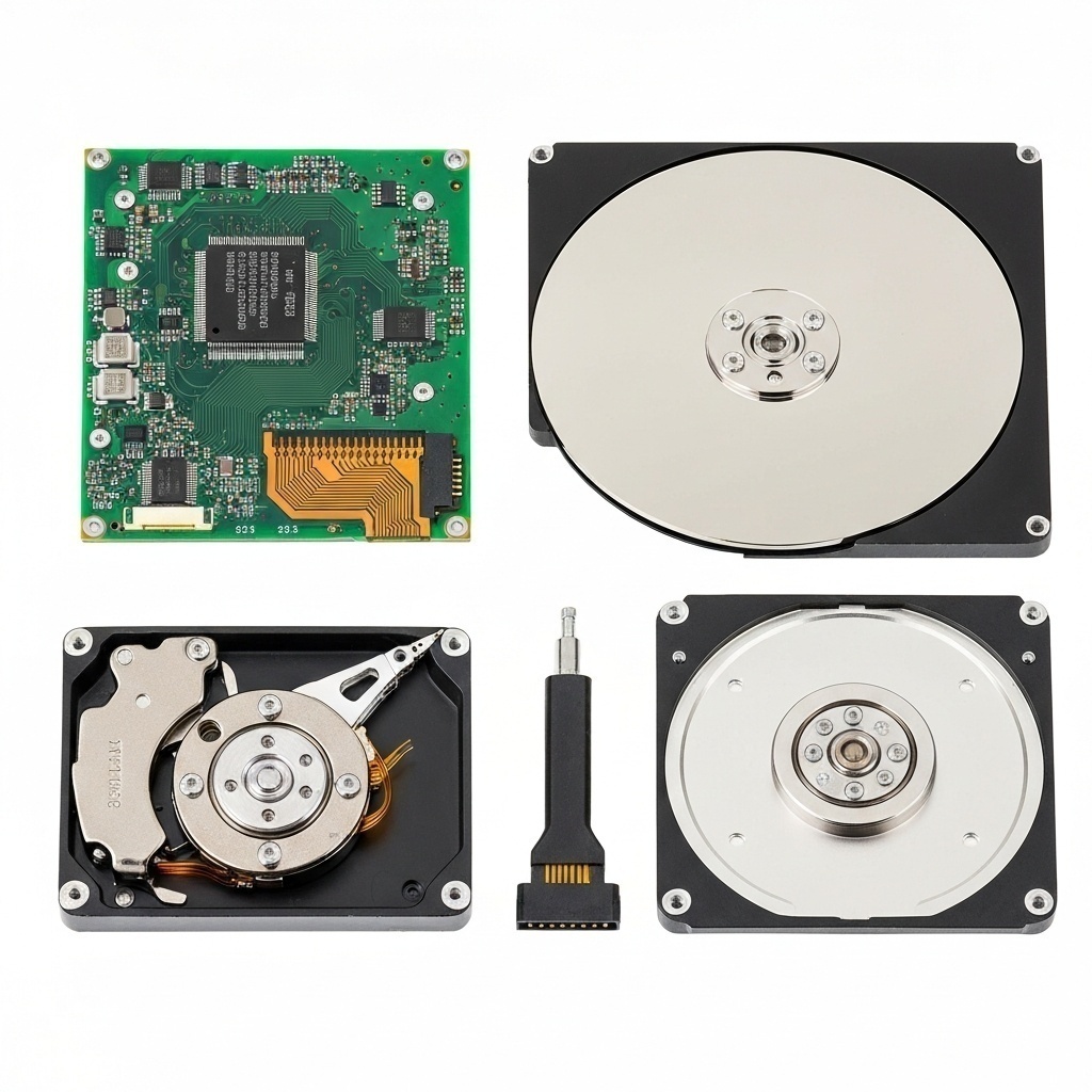 Vue éclatée ou schématique des éléments d’un HDD : plateaux, bras actionneur, moteur et carte PCB.