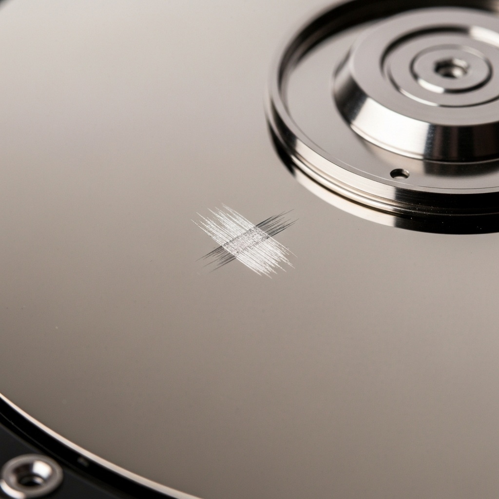 Gros plan montrant des rayures circulaires critiques sur la surface d’un plateau de disque dur endommagé.
