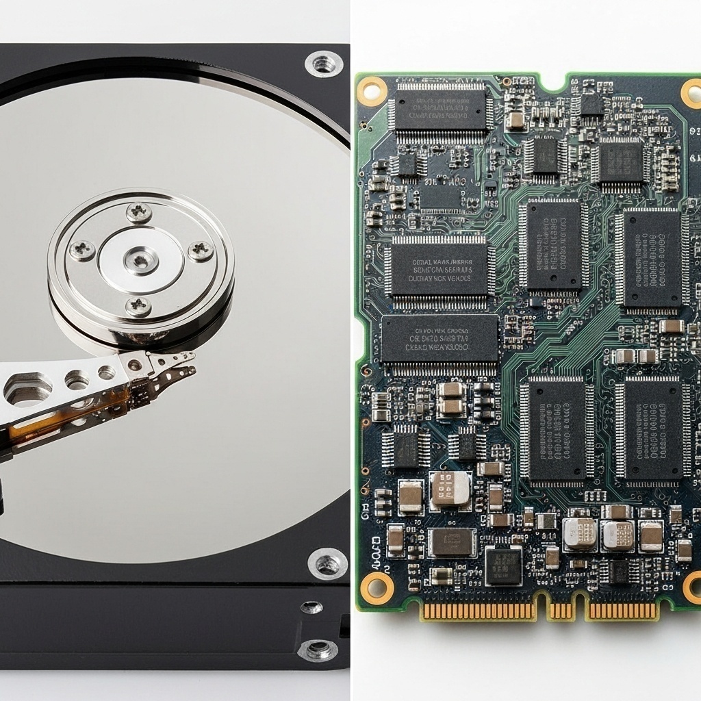 Comparaison visuelle entre les plateaux magnétiques d’un HDD et les puces électroniques d’un SSD.
