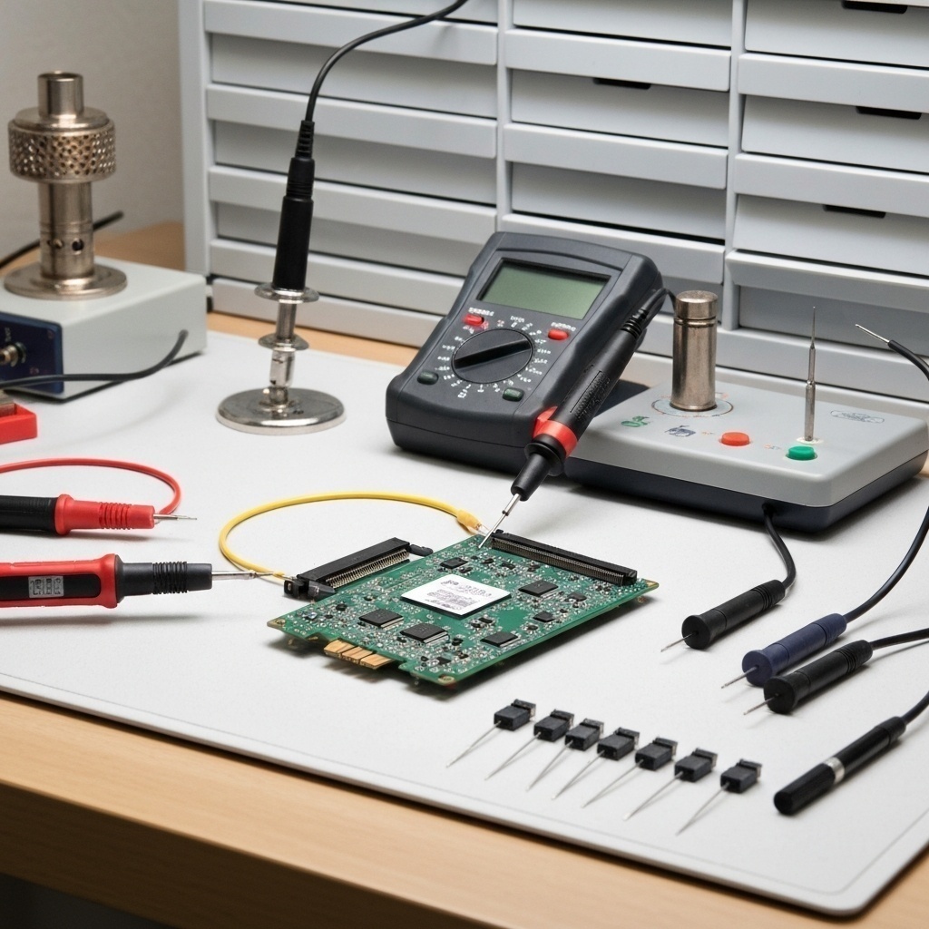 Connexion d’outils spécialisés de laboratoire sur le PCB d’un SSD pour une lecture directe des puces mémoire.