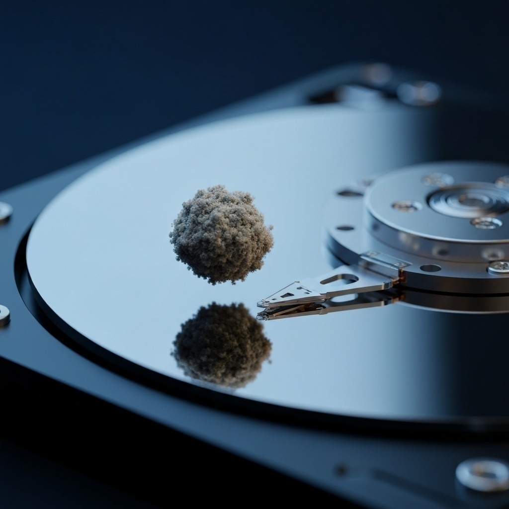 Illustration macro montrant la taille d’une particule de poussière comparée à la tête de lecture d’un disque dur.