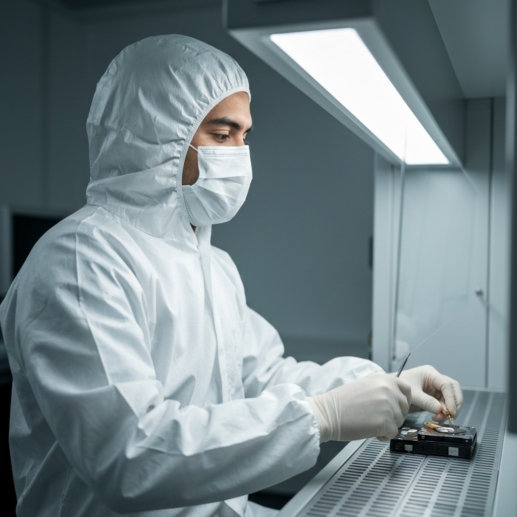 Intervention de précision sur un disque dur ouvert sous une hotte à flux laminaire garantissant l’absence de contaminants.