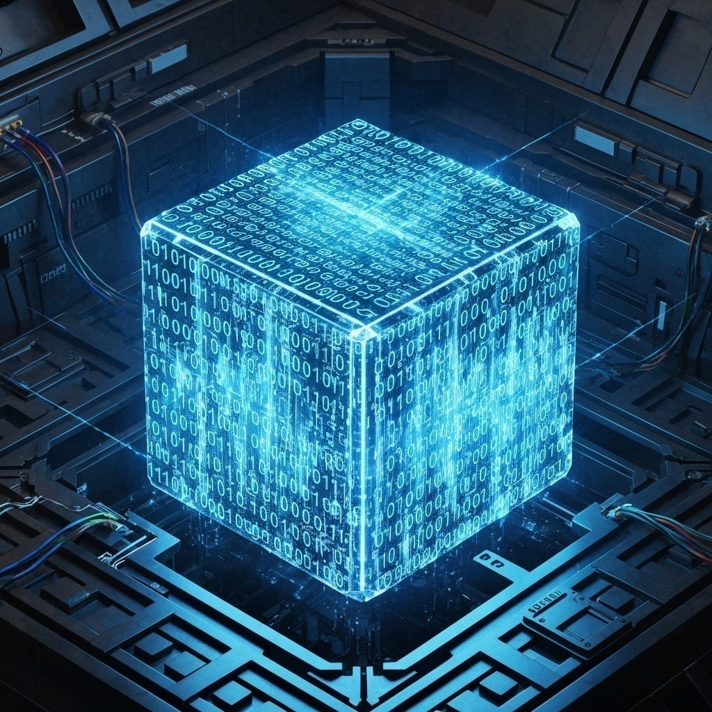 Concept visuel de stockage de données en volume (holographie) dans un cristal, successeur potentiel des disques optiques.