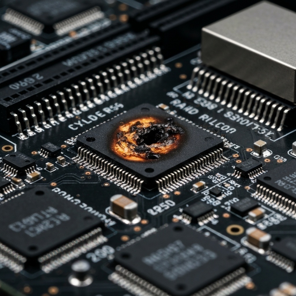 Gros plan sur un composant électronique brûlé d’une carte contrôleur RAID, cause fréquente de perte d’accès aux volumes.