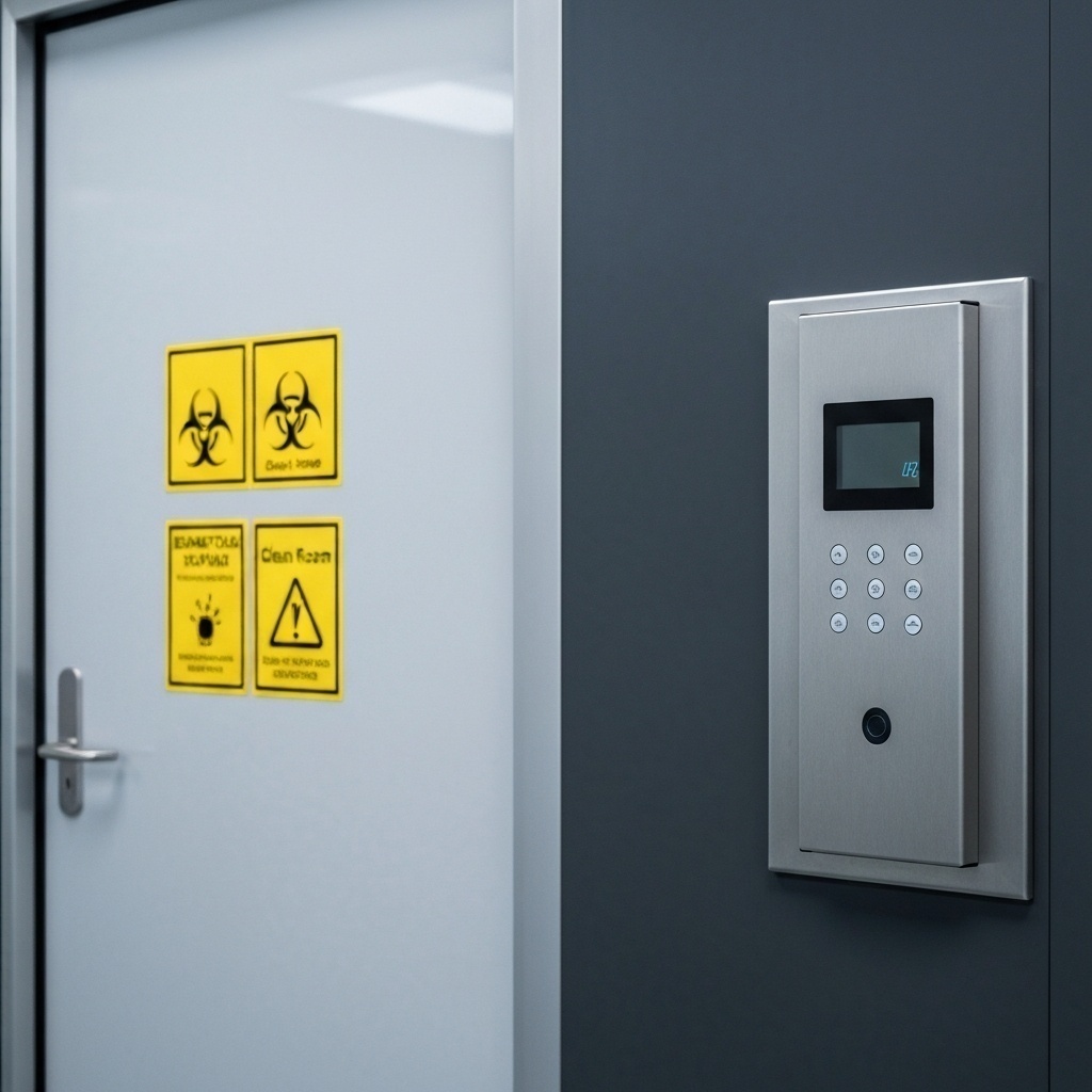 Signalétique de sécurité à l’entrée d’un laboratoire de récupération de données, soulignant le contrôle strict de l’environnement.
