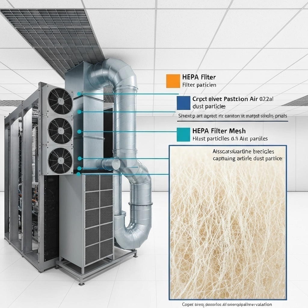 Illustration technique du fonctionnement d’un filtre HEPA capturant les particules microscopiques pour garantir un air pur.
