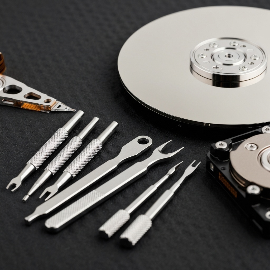 Gros plan sur les outils spécialisés (peignes de têtes, tournevis de précision) utilisés lors de l’ouverture d’un disque dur.