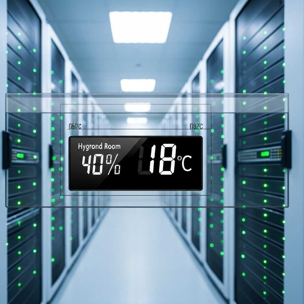 Instruments de mesure de précision (thermo-hygromètre) surveillant les conditions de stockage d’une salle serveur.