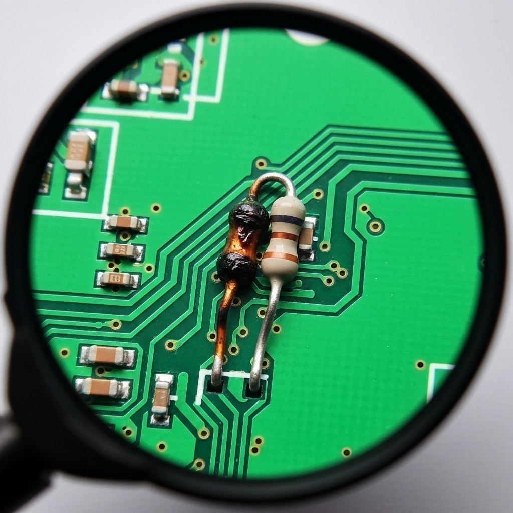 Technicien examinant les composants d’un PCB de disque dur à la recherche de traces de surtension ou de corrosion.