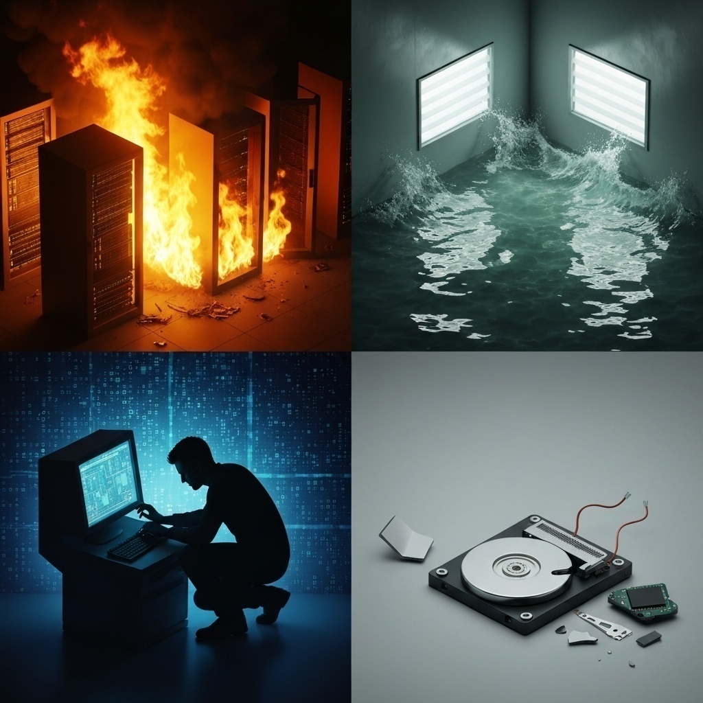 Illustration composite montrant les menaces principales : inondation, incendie, piratage et panne matérielle menaçant un serveur.