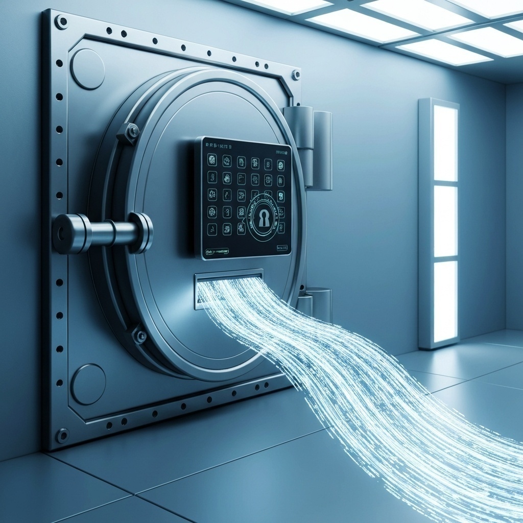 Image rassurante d’un coffre-fort numérique moderne dans un environnement cloud, symbolisant la protection ultime des données.