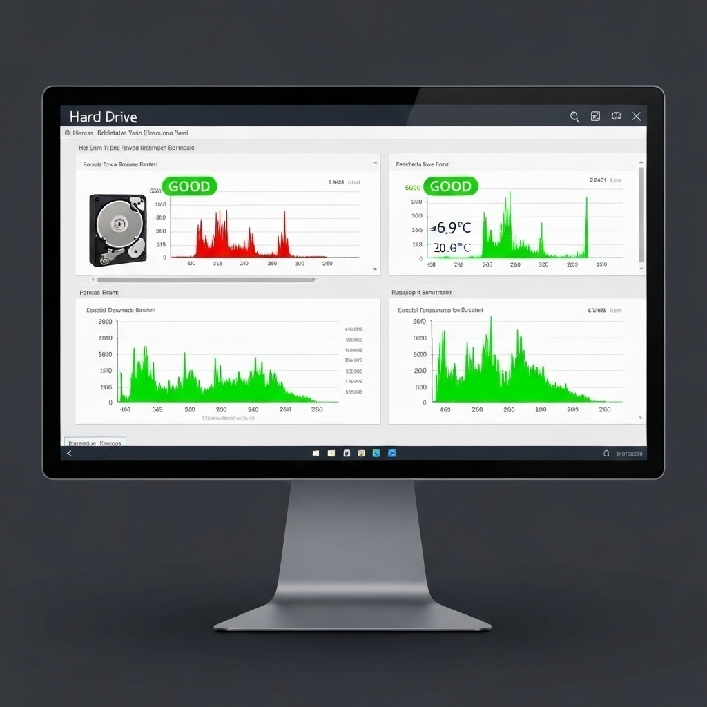 Interface logicielle de diagnostic affichant des indicateurs SMART (température, taux d’erreur, statut de santé) sur un écran de contrôle.