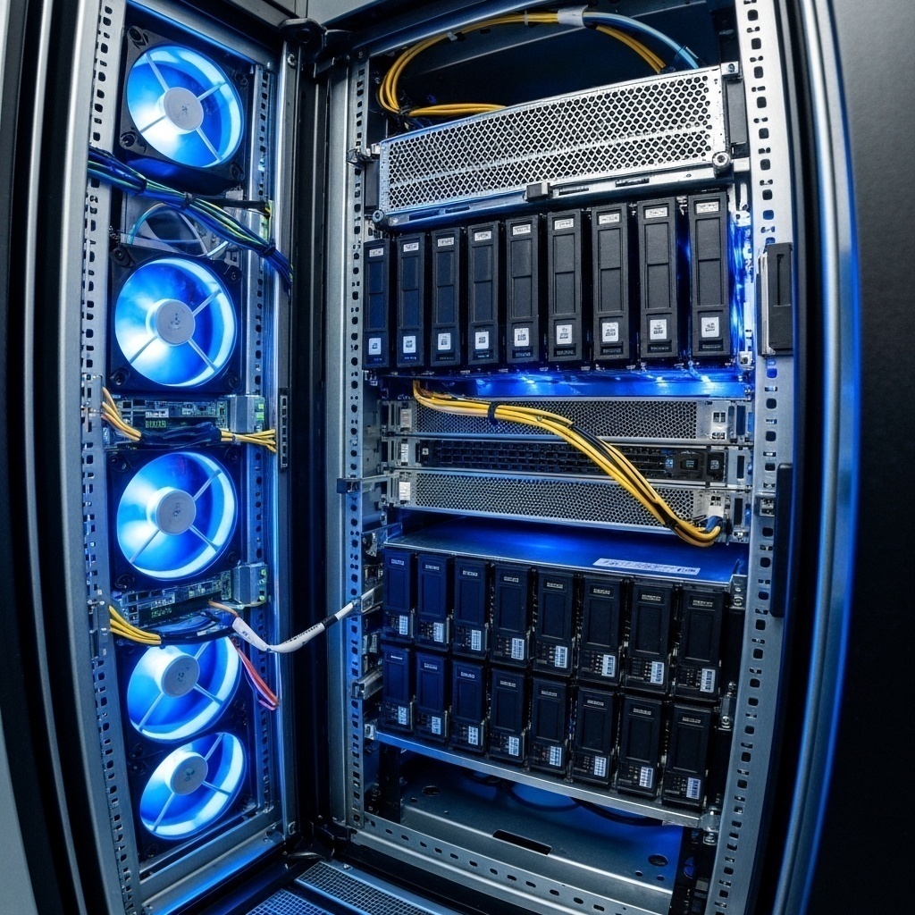 Installation propre et ventilée de disques durs dans un serveur, avec un système de refroidissement actif pour prévenir la surchauffe.