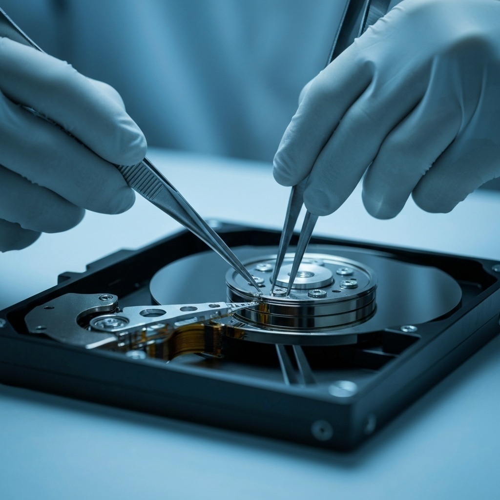 Mains gantées utilisant des brucelles de précision pour remplacer des composants internes sur un disque dur ouvert.