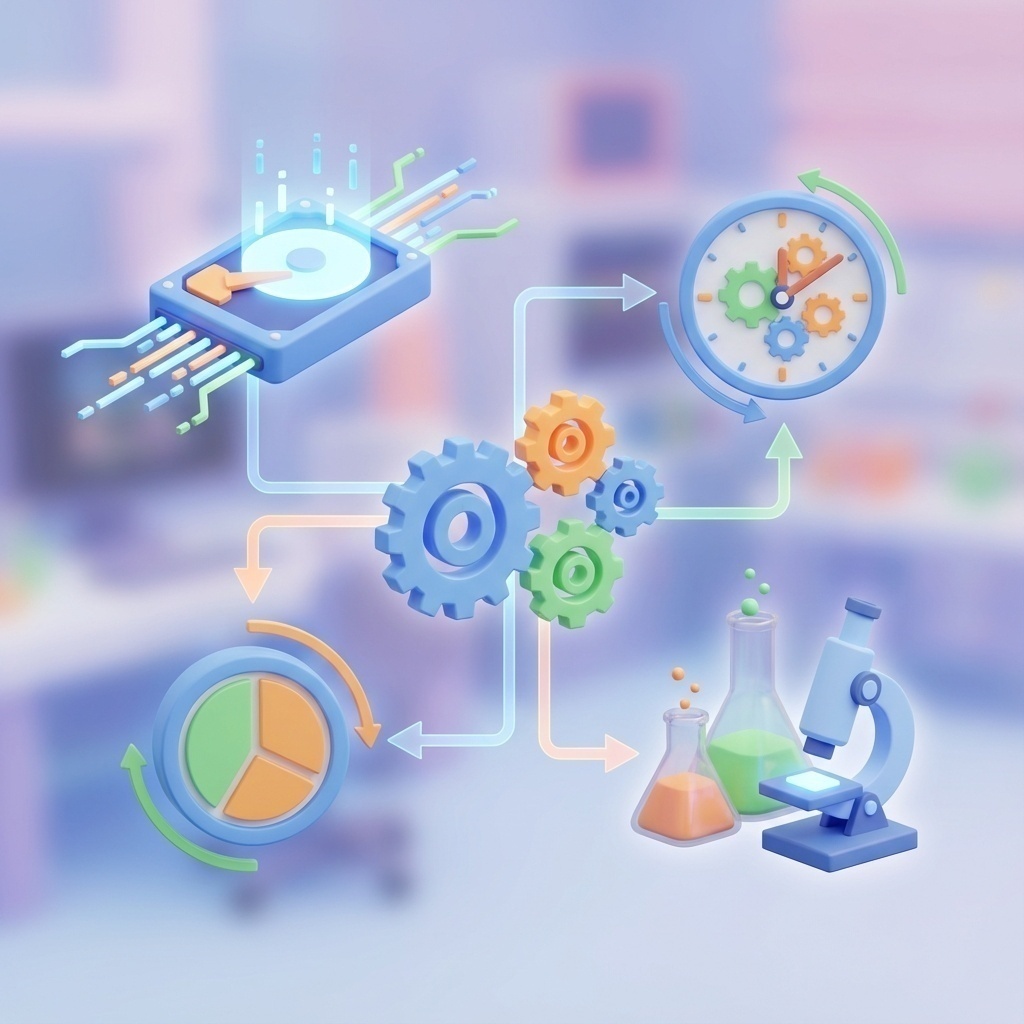 Infographie 3D stylisée montrant les éléments influençant le coût : disque dur, pièces, temps humain, et équipements de laboratoire.