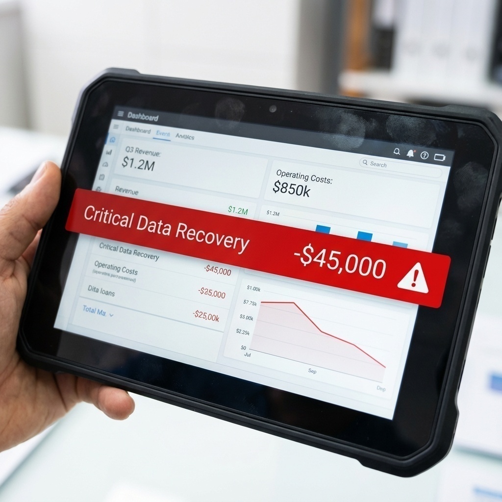 Tableau de board financier sur tablette montrant une ligne budgétaire ’Data Recovery’ en rouge, soulignant l’impact financier.