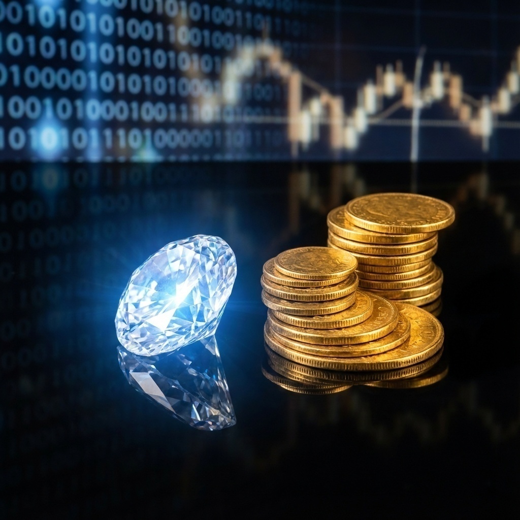 Représentation visuelle d’un diamant (valeur des données) posé à côté d’une pile de pièces (coût), symbolisant le retour sur investissement.