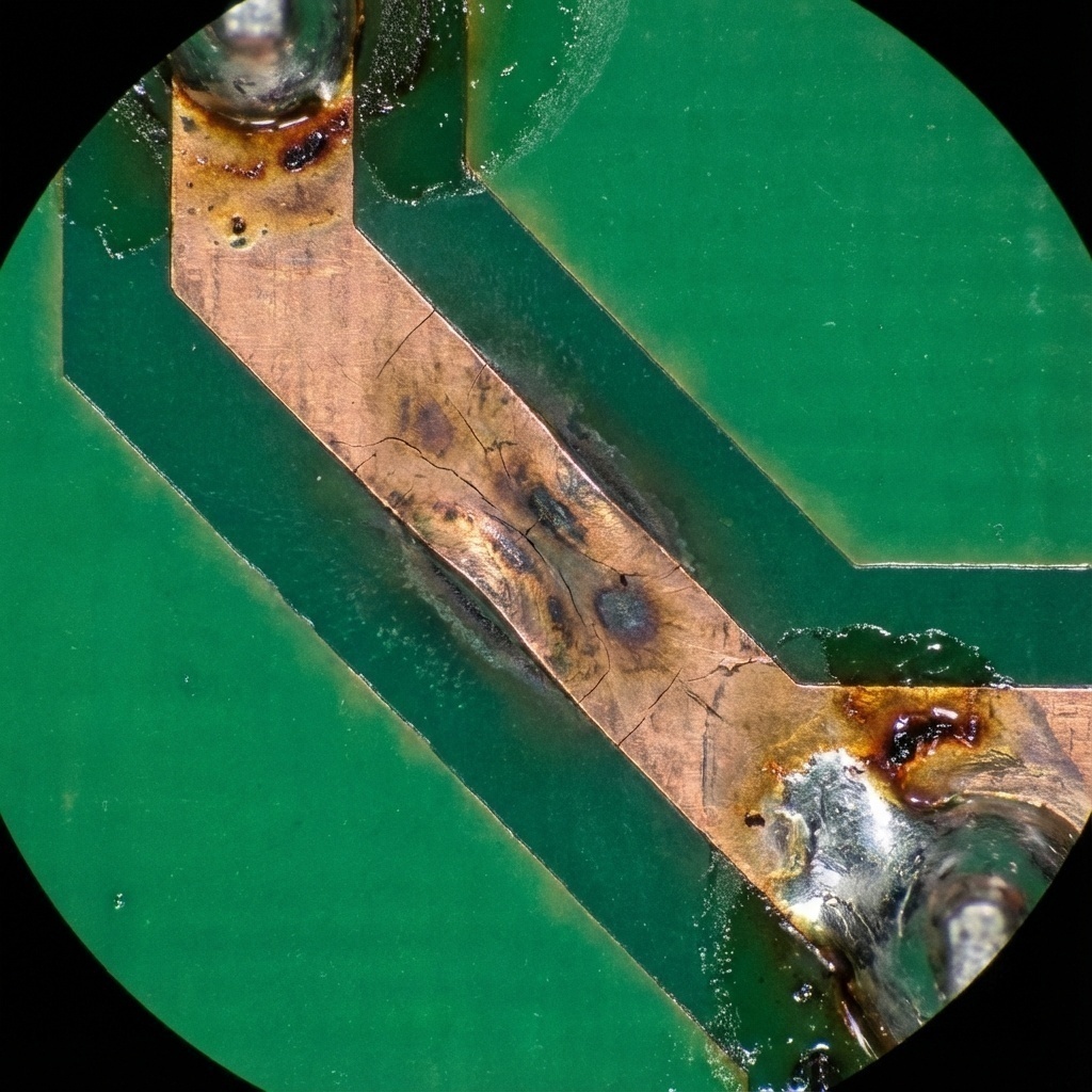 Zoom microscopique sur un circuit imprimé montrant des signes de dégradation thermique (fissures, décoloration) dus à la chaleur.