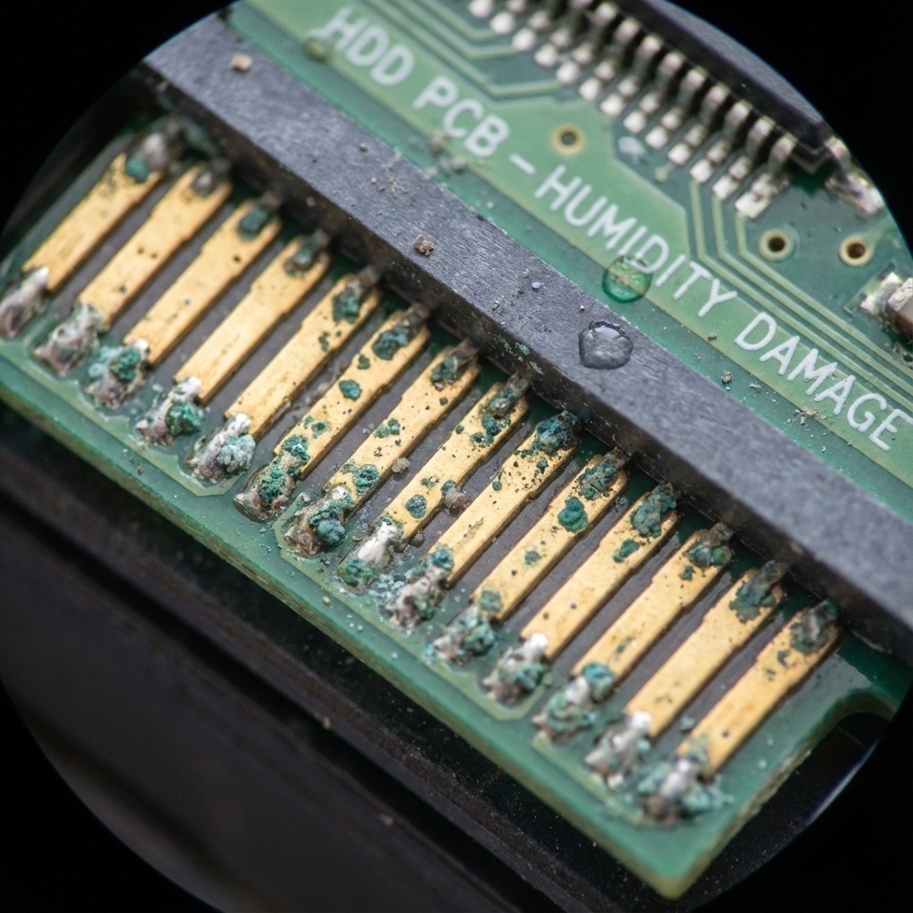 Image macro détaillée de contacts dorés sur un disque dur montrant des traces d’oxydation verdâtre causées par une humidité excessive.
