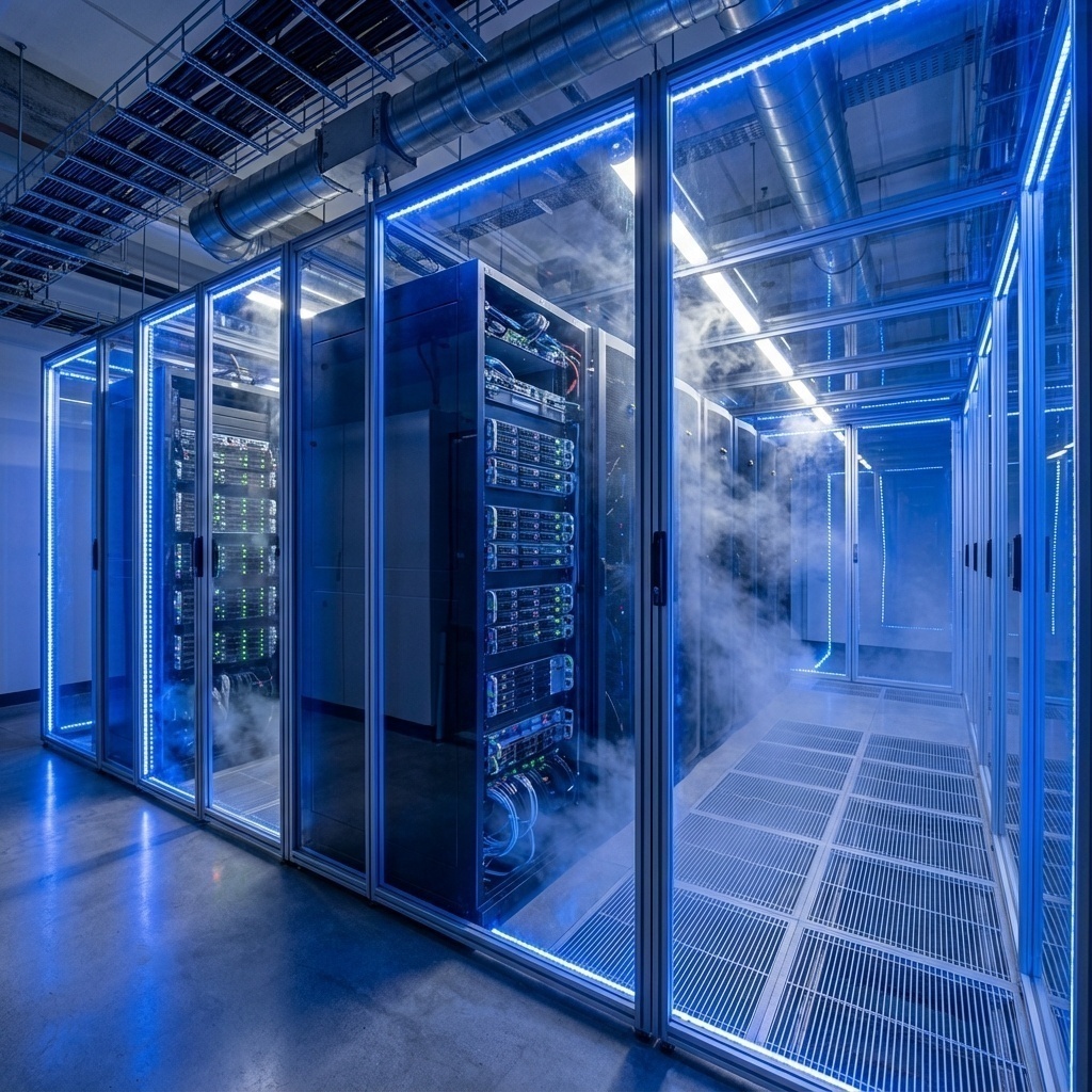 Schéma technique ou photo d’une allée froide confinée dans un data center moderne avec flux d’air visible.