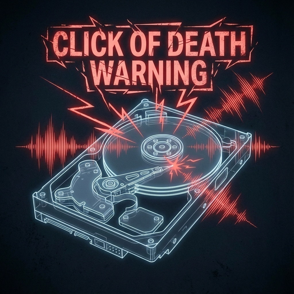 Icônes d’alerte rouge et ondes sonores stylisées émanant d’un disque dur, symbolisant les bruits de cliquetis symptomatiques.