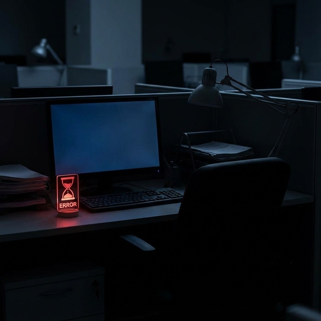 Bureau d’entreprise vide avec écran noir et sablier, représentant l’arrêt d’activité dû à la panne.