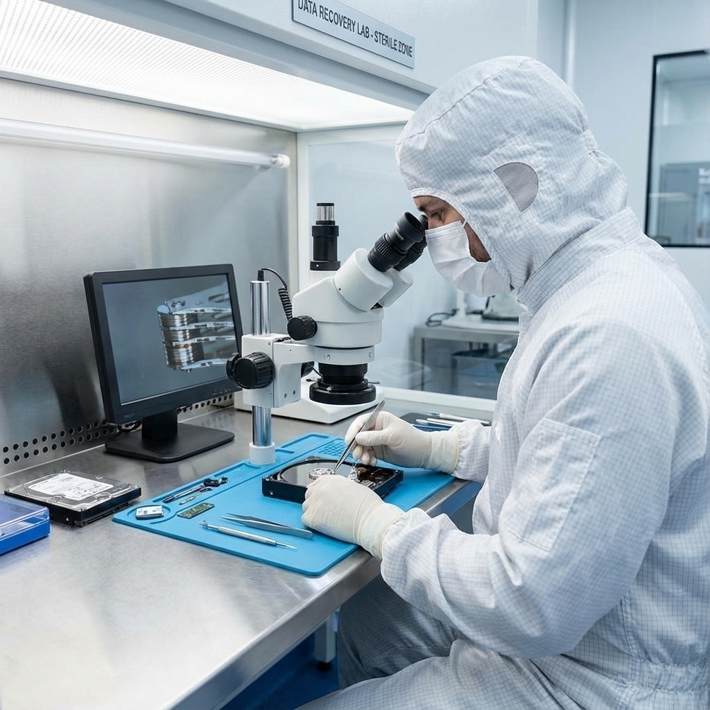 Technicien en combinaison intégrale opérant sous hotte à flux laminaire en salle, manipulant des plateaux magnétiques.