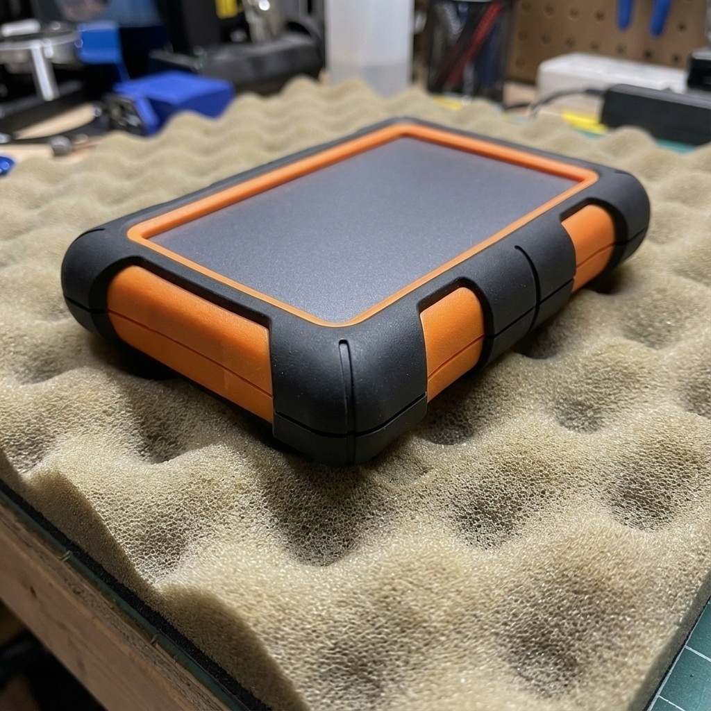 Disque dur externe robuste posé sur un coussin amortisseur, évoquant la protection contre les chocs.
