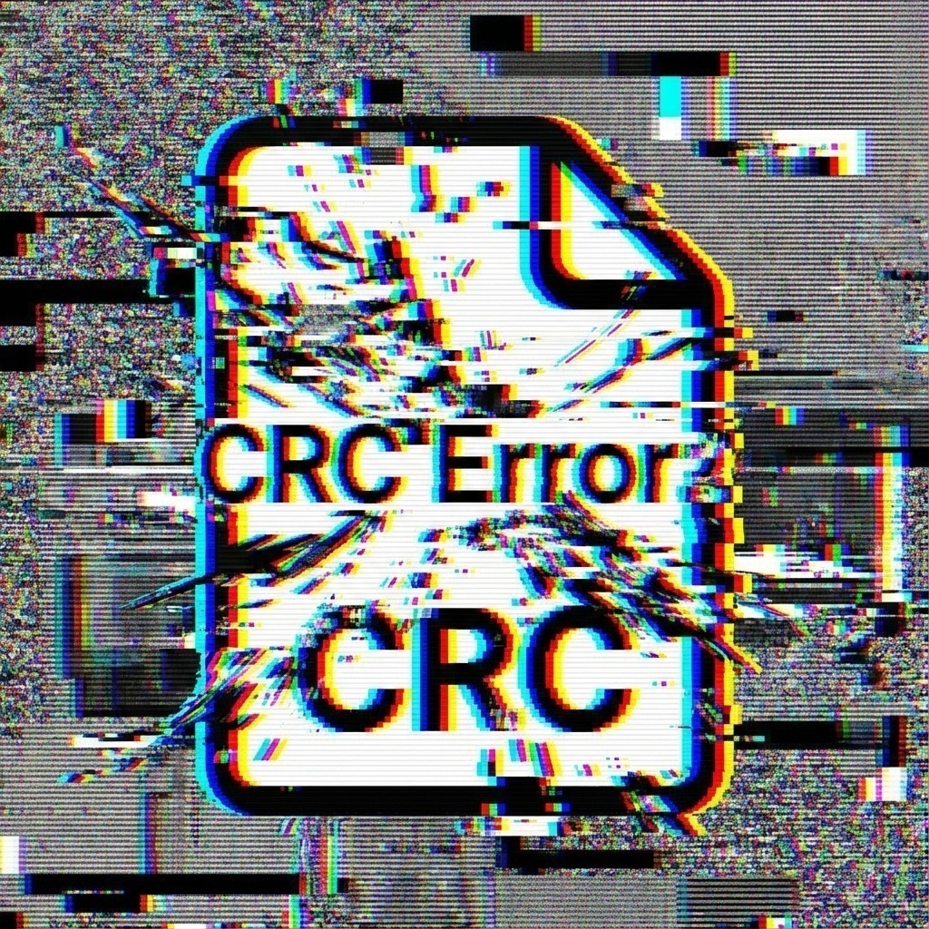 Fichier numérique corrompu avec des pixels manquants, affichant un message d’erreur ’Checksum Failed’.