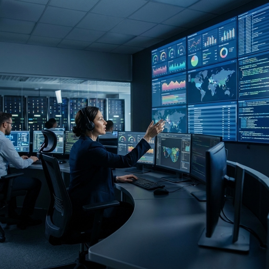 Consultant expert en costume analysant un mur d’écrans de monitoring réseau complexes.