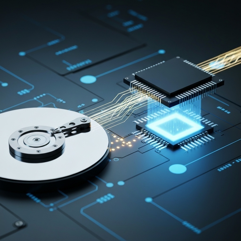 Schéma conceptuel montrant un pont numérique reliant un disque dur classique à une puce SSD, symbolisant l’alliance rapidité et capacité.