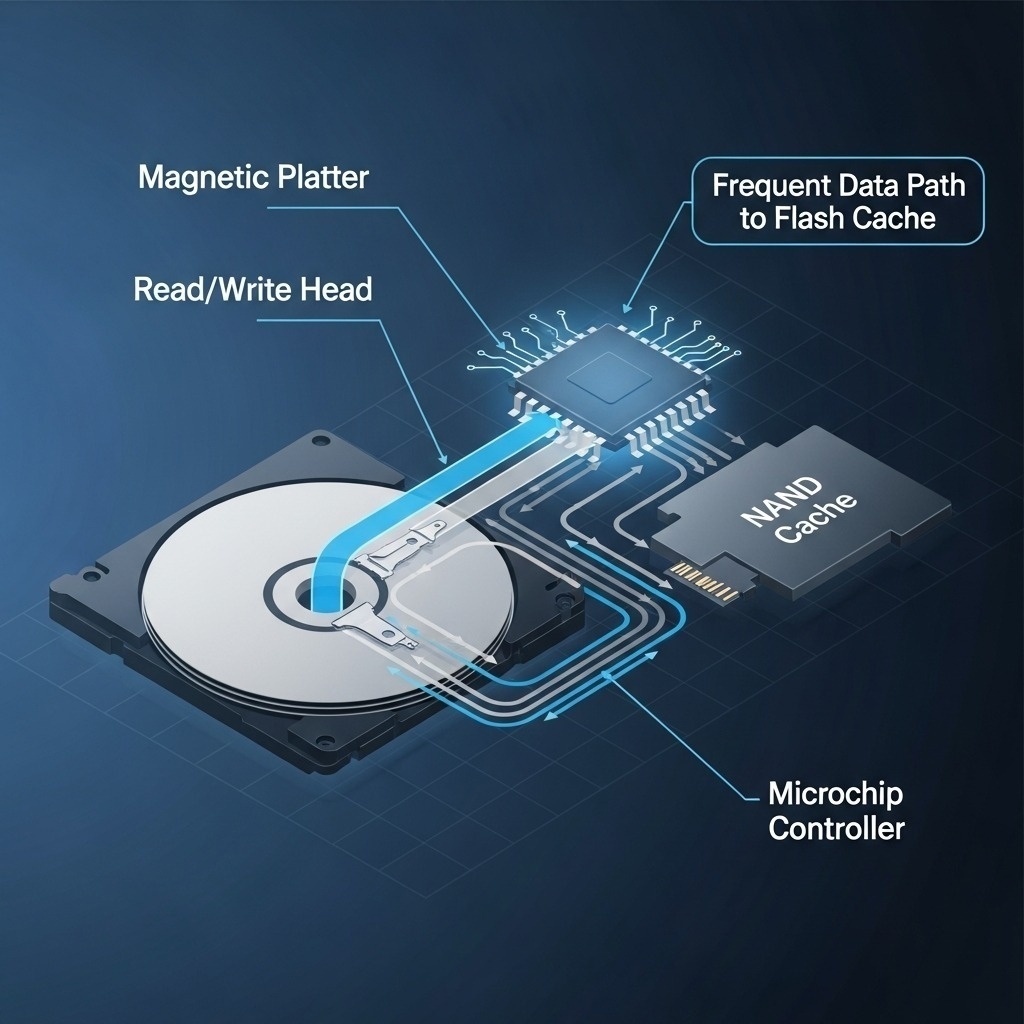 Infographie technique montrant le flux de données géré par un contrôleur intelligent, redirigeant les fichiers fréquents vers le cache flash.
