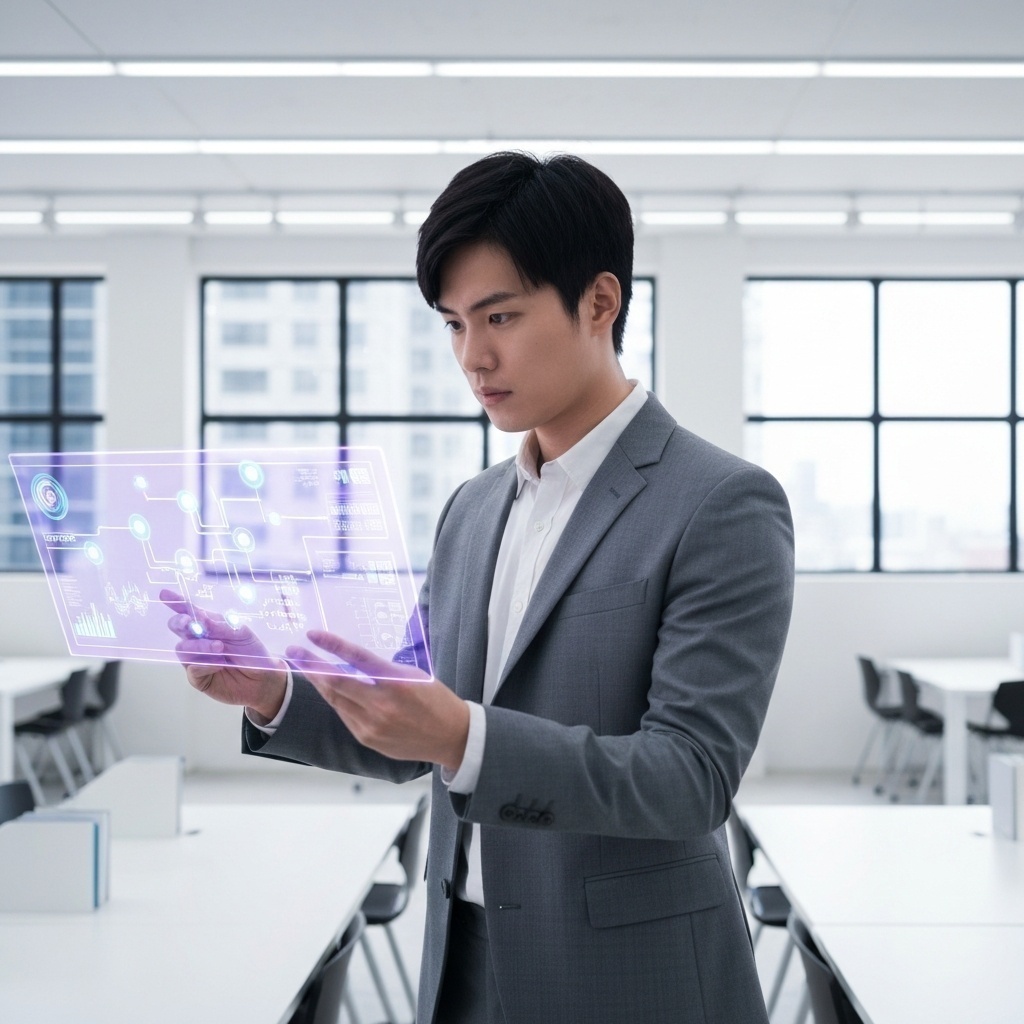 Scène de bureau minimaliste avec un décideur examinant un rapport statistique critique sur une tablette.